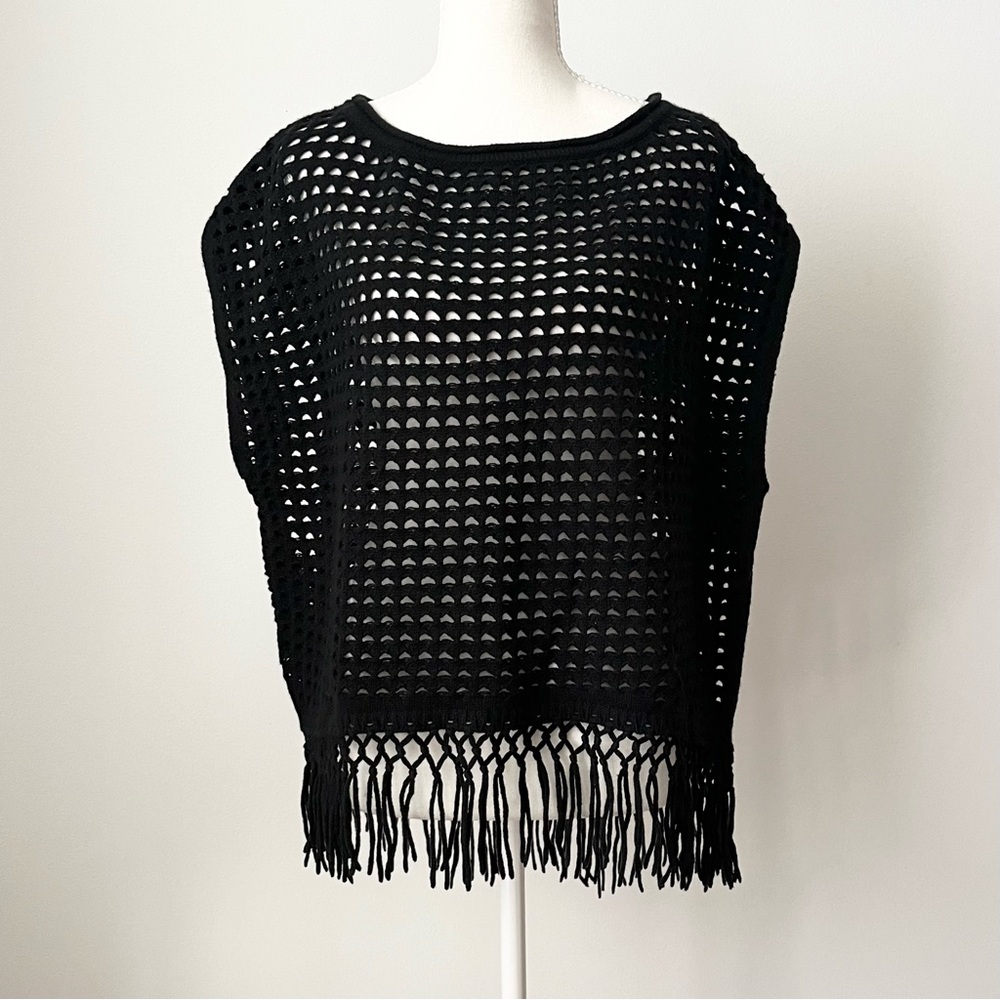 Elie Tahari Women's Black Crochet Open Knit Sweater XS/S Fringe Boho Whimsigoth